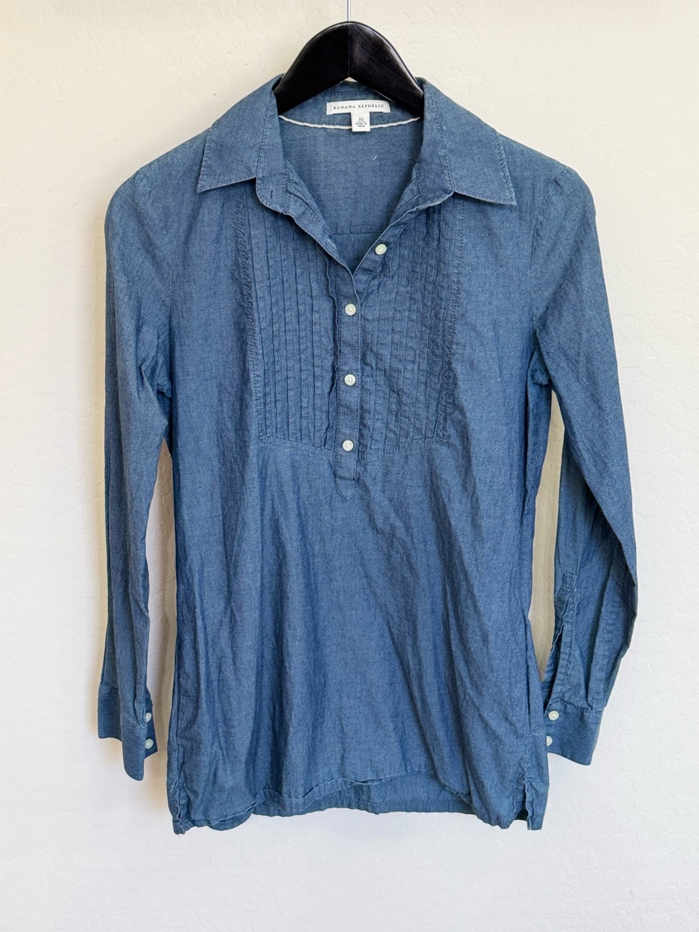 Banana Republic Blue Cotton Chambray Pleated Tuxedo Bib Tunic Shirt Size XS